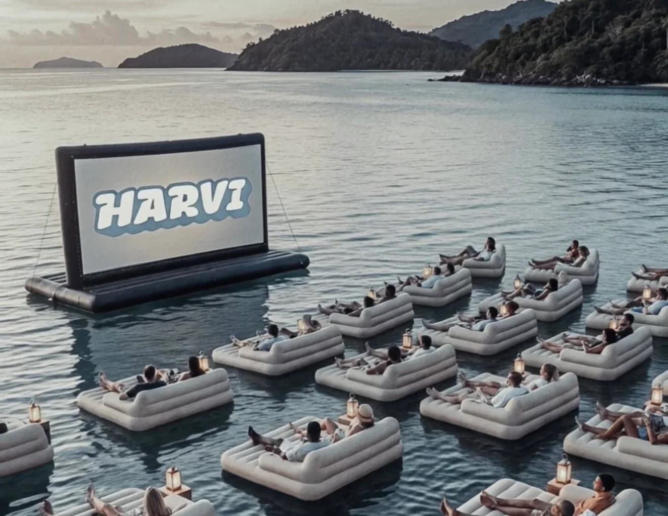 People reclining on floating lounge chairs at an outdoor Harvi movie screening on the water.